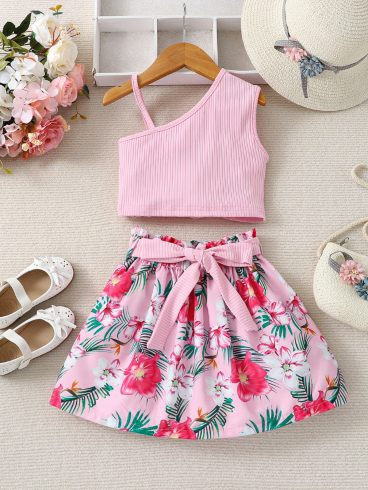 Mia Belle Girls Asymmetrical Top & Flower Skirt Set | Resort Wear