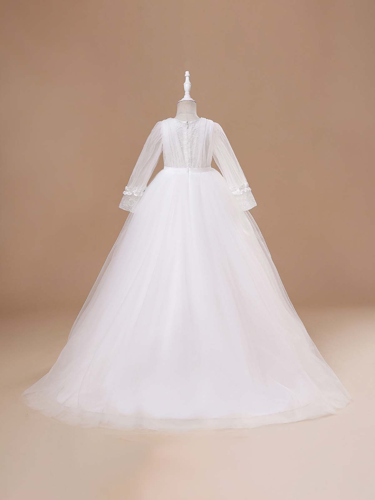 Girls Communion Dresses | White Sheer Long Sleeve Tulle Train Gown