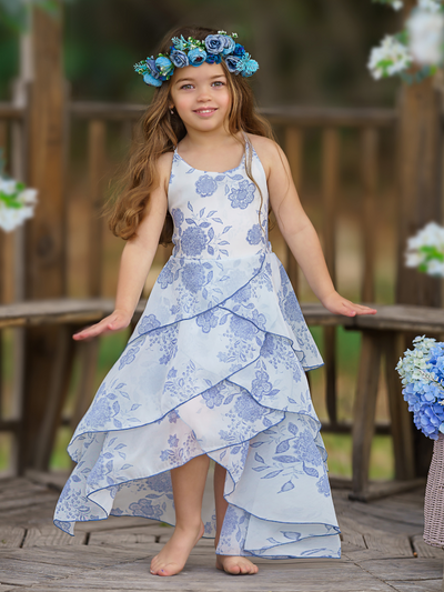 Toddler Spring Dresses | Girls Sleeveless Blue Floral Tiered Dress