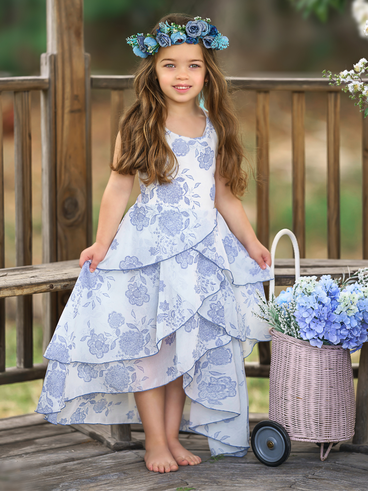 Toddler Spring Dresses | Girls Sleeveless Blue Floral Tiered Dress