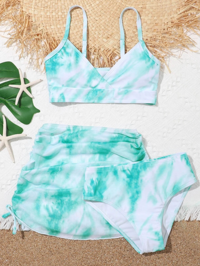 Kids Resort Swimwear | Little Girls Green Tie Dye Three Piece Swimsuit