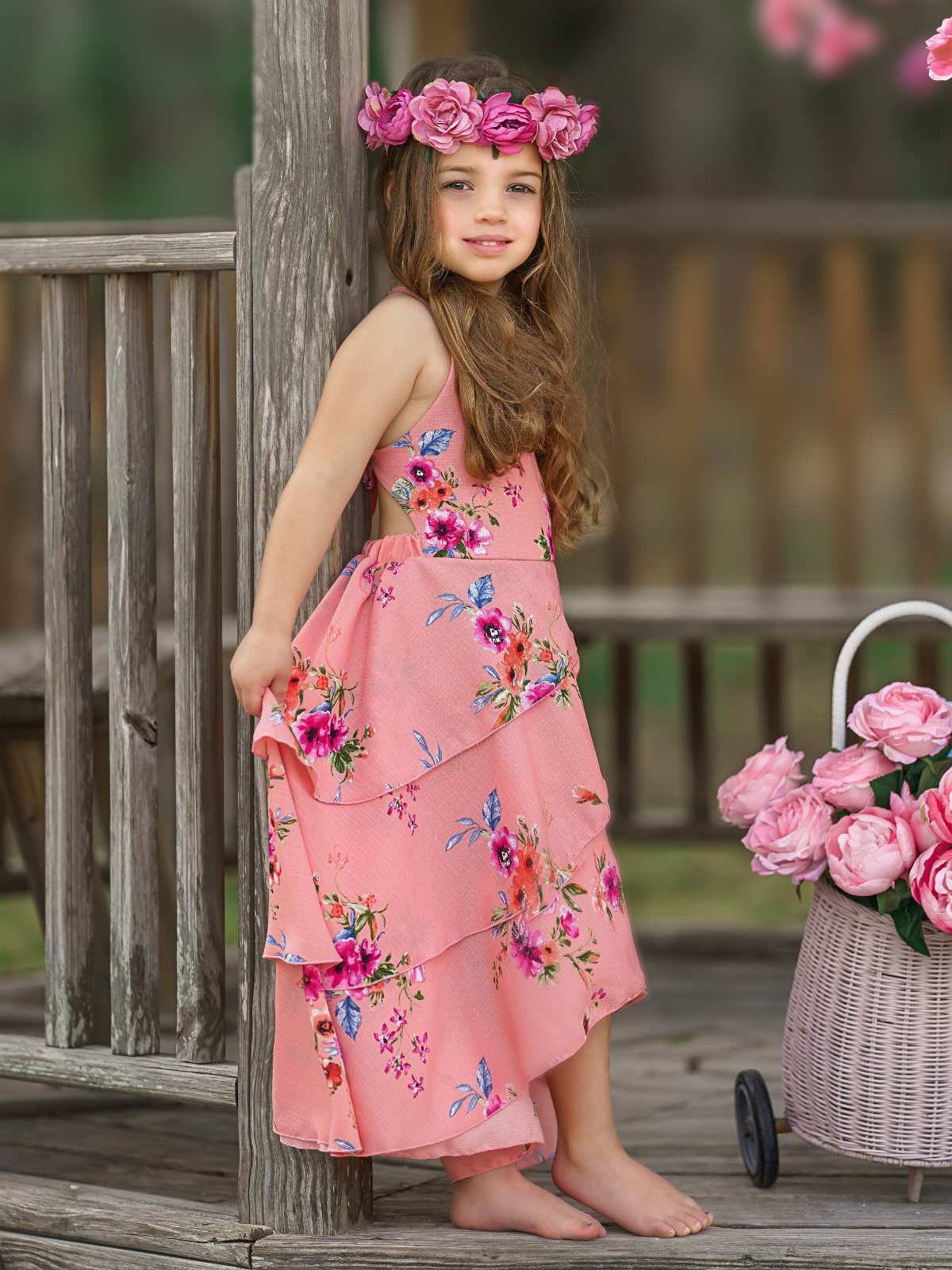 Toddler Spring Dresses | Girls Sleeveless Coral Floral Tiered Dress