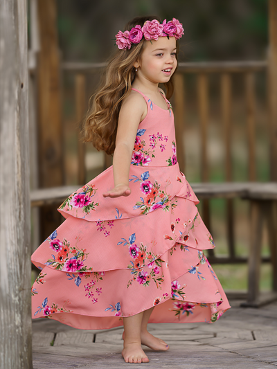 Toddler Spring Dresses | Girls Sleeveless Coral Floral Tiered Dress