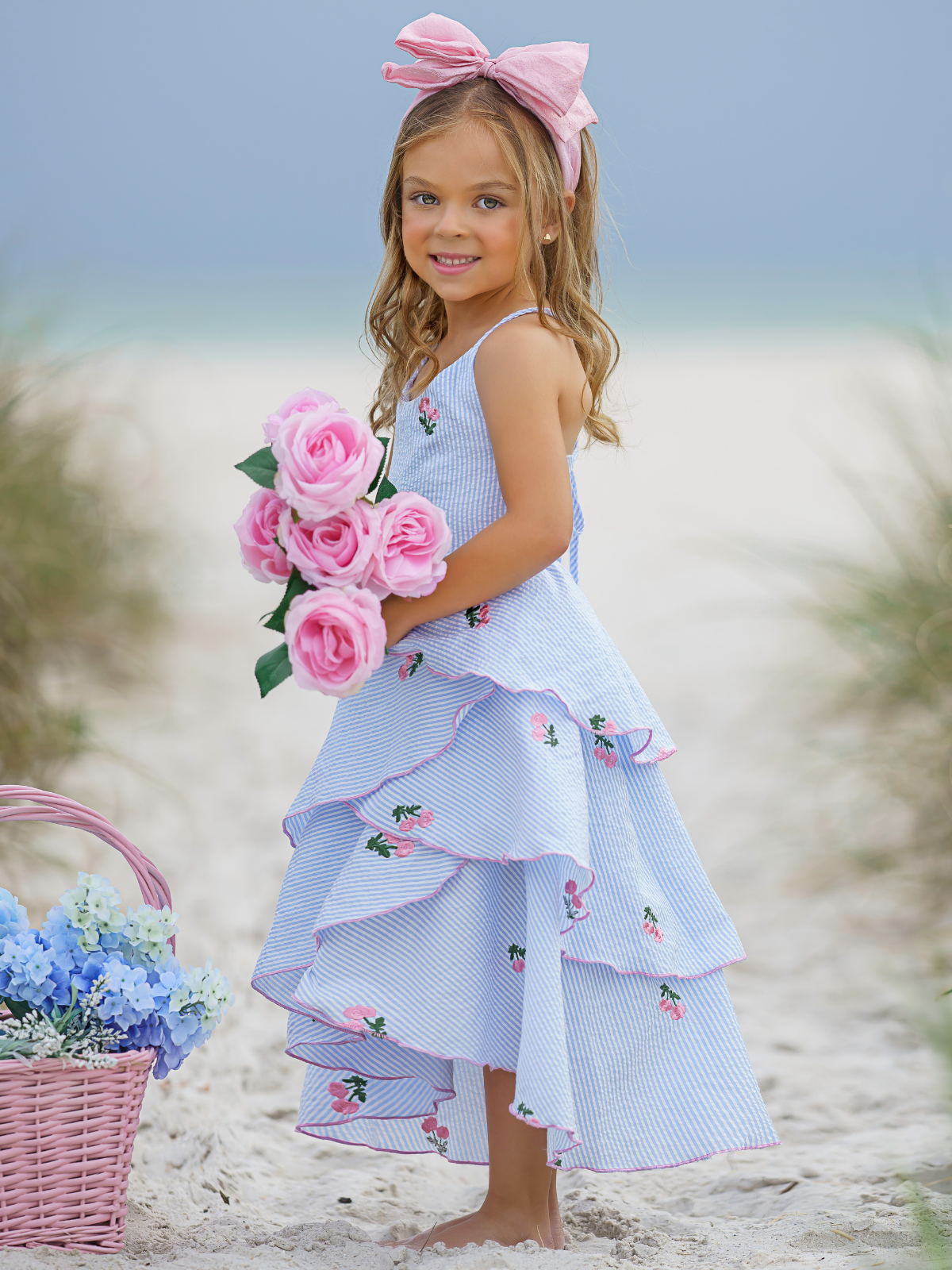 Toddler Spring Dress | Girls Sleeveless Pinstripe Floral Tiered Dress