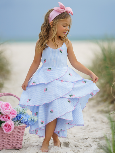 Toddler Spring Dress | Girls Sleeveless Pinstripe Floral Tiered Dress