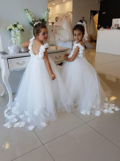 Girls Communion Dresses | Open Back With Pearl Ruffle Shoulder Gown