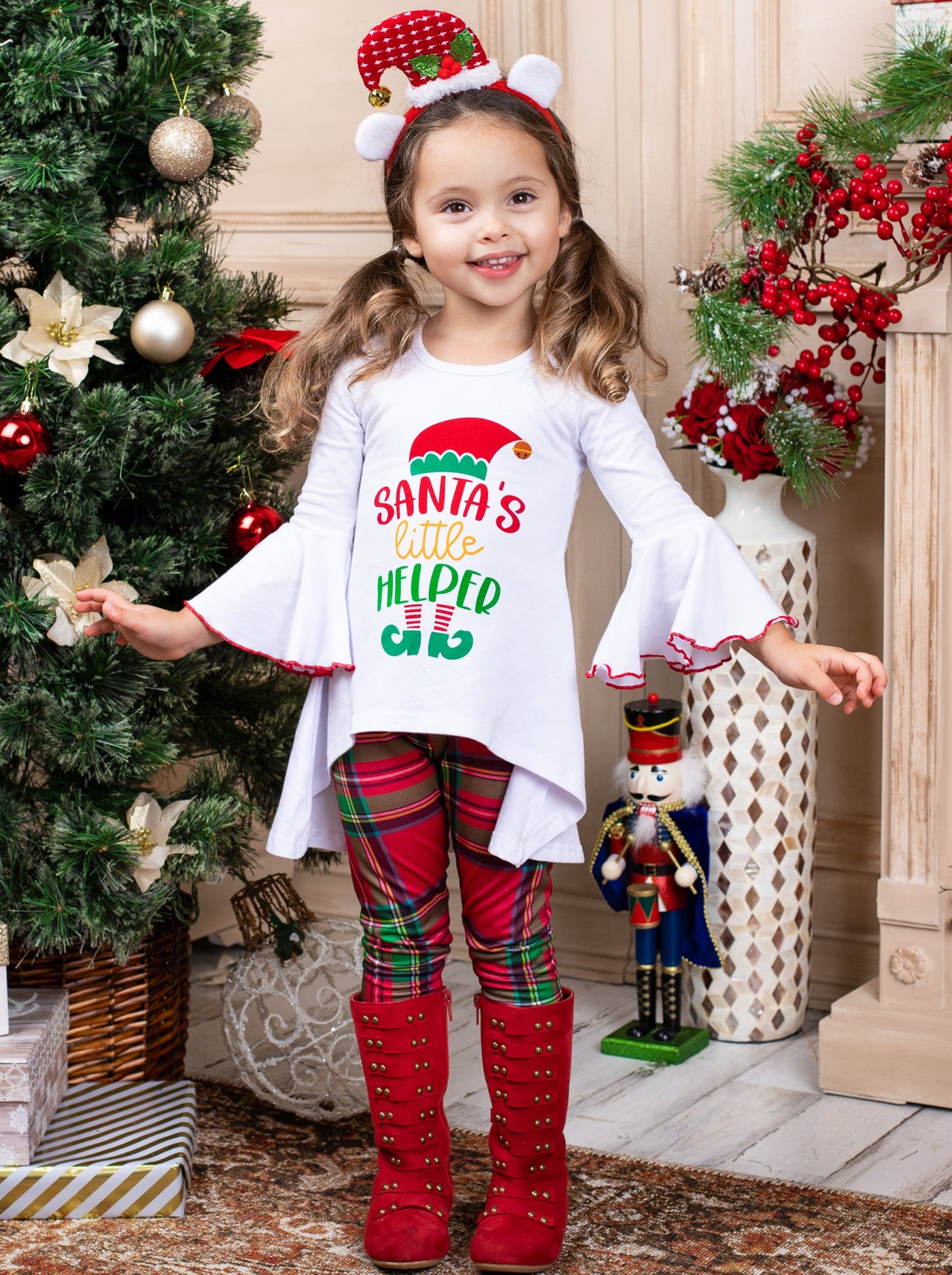Cute Winter Sets | Girls Santa's Little Helper Plaid Legging Set