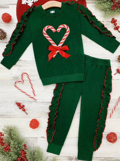 Toddler Christmas Clothes | Girls Candy Cane Heart Ruffled Jogger Set