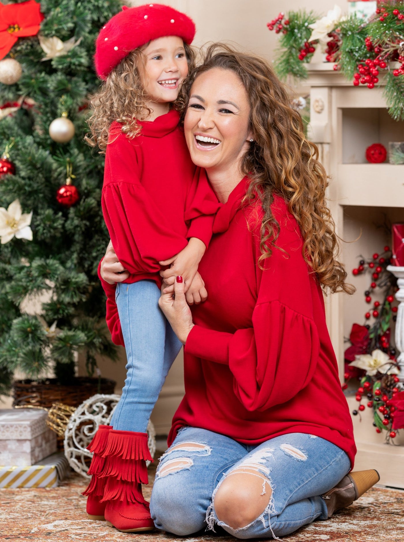 Mommy & Me Matching Tops | Winter Red Puff Sleeved Turtleneck Top