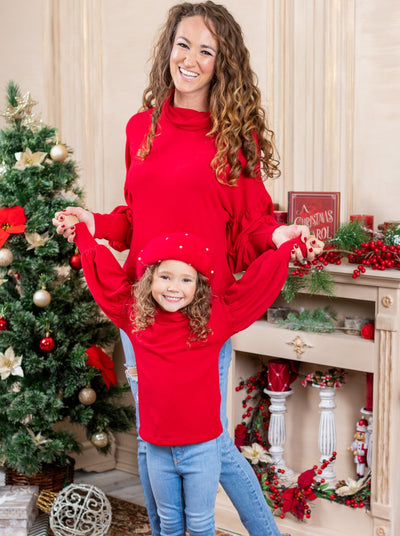 Mommy & Me Matching Tops | Winter Red Puff Sleeved Turtleneck Top