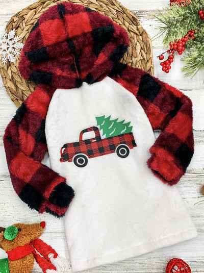 Girls Winter Sweater | Christmas Tree Truck Fleece Plaid Raglan Hoodie