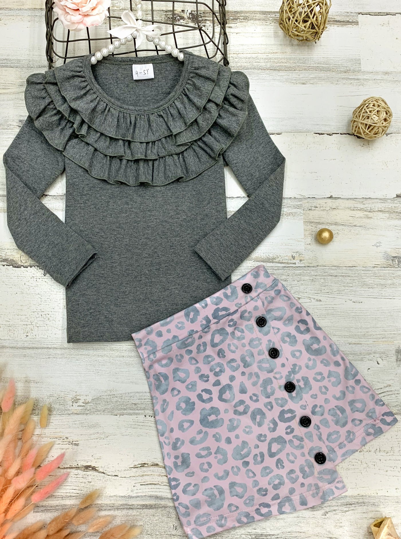 Cute Outfits For Girls | Ruffle Bib Top & Leopard Print Skirt Set