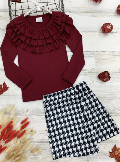Girls Ruffled Neckline Top and Buttoned Skirt Set - Burgundy