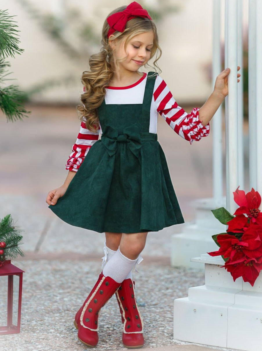 Girls Microfiber Suede Bow Accent Overall Green Dress