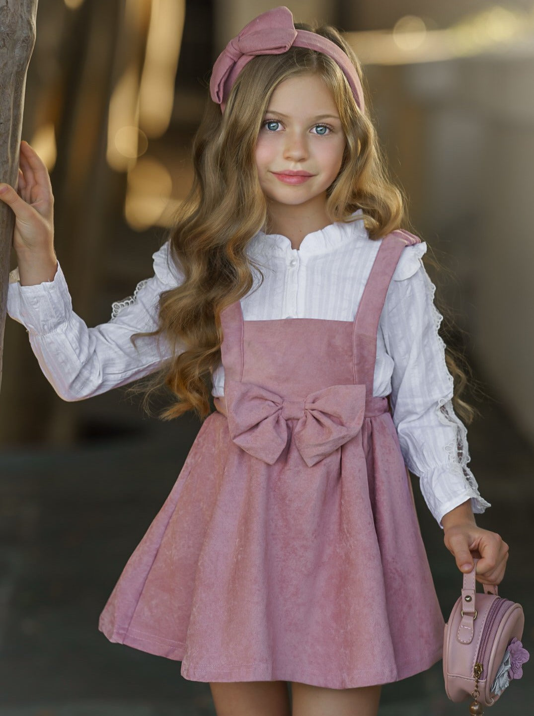 Classy & Fabulous Suede Pinafore Dress 2T-12Y pink bow