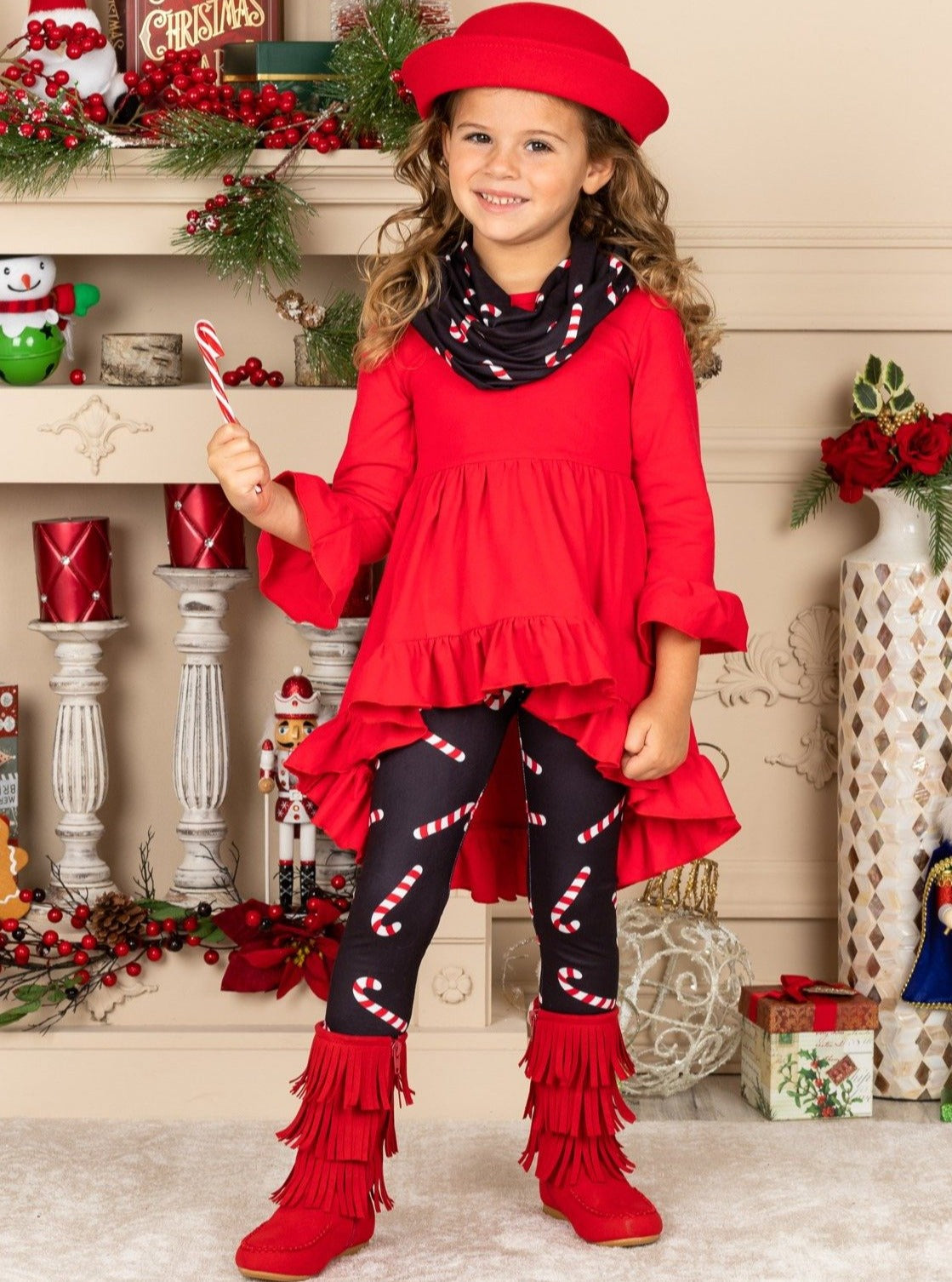 Cute Winter Sets | Girls Candy Cane Print Tunic, Scarf, & Legging Set