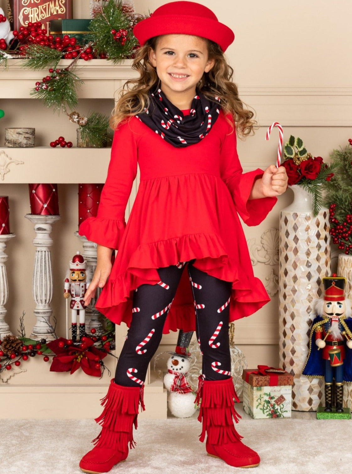 Cute Winter Sets  Girls Candy Cane Print Tunic, Scarf, And Legging Set –  Mia Belle Girls