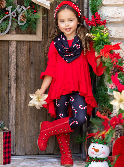 Cute Winter Sets | Girls Candy Cane Print Tunic, Scarf, & Legging Set