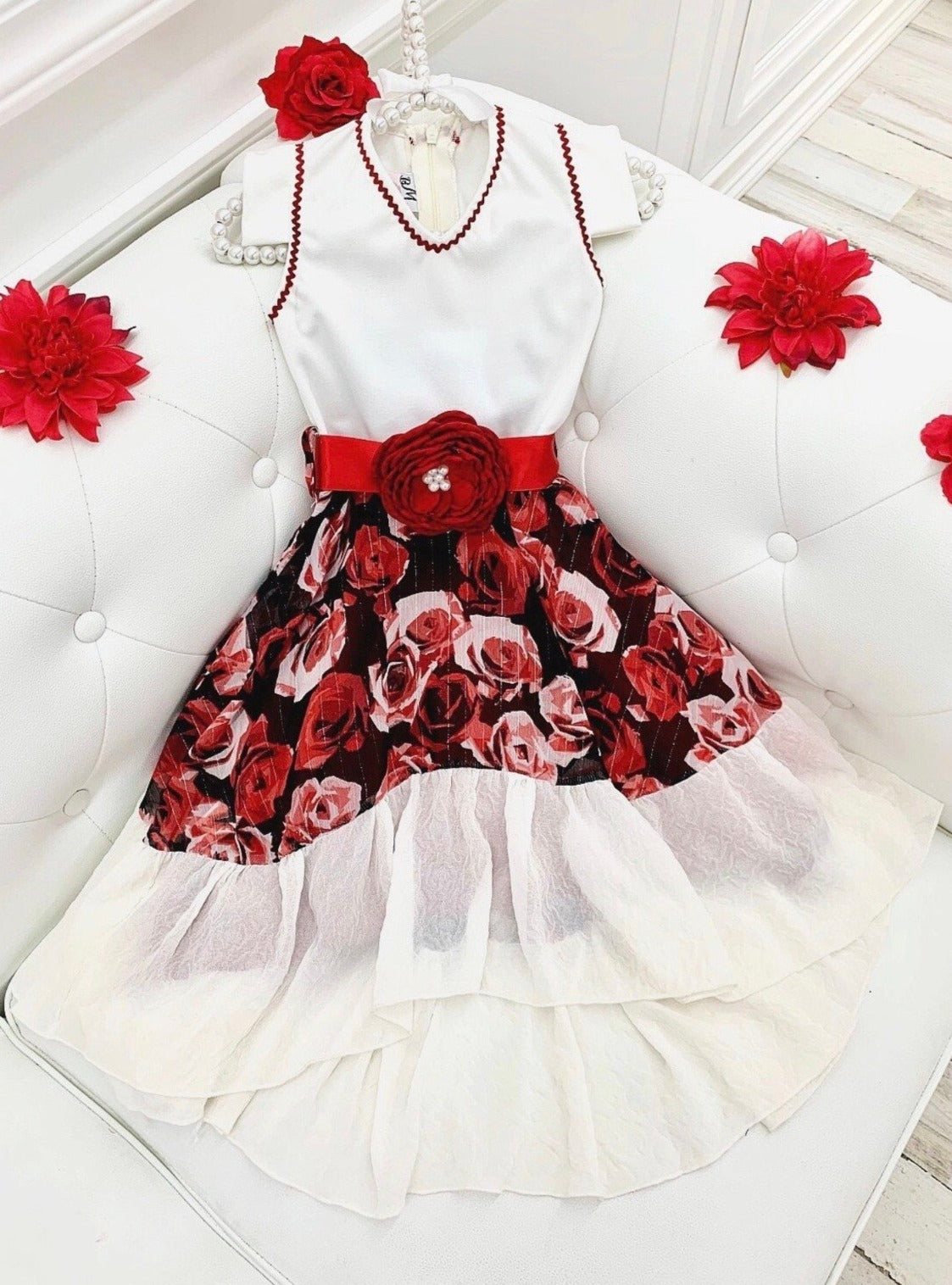 Girls Red & Creme Floral V-Neck Hi-Lo Party Dress - Mia Belle Girls