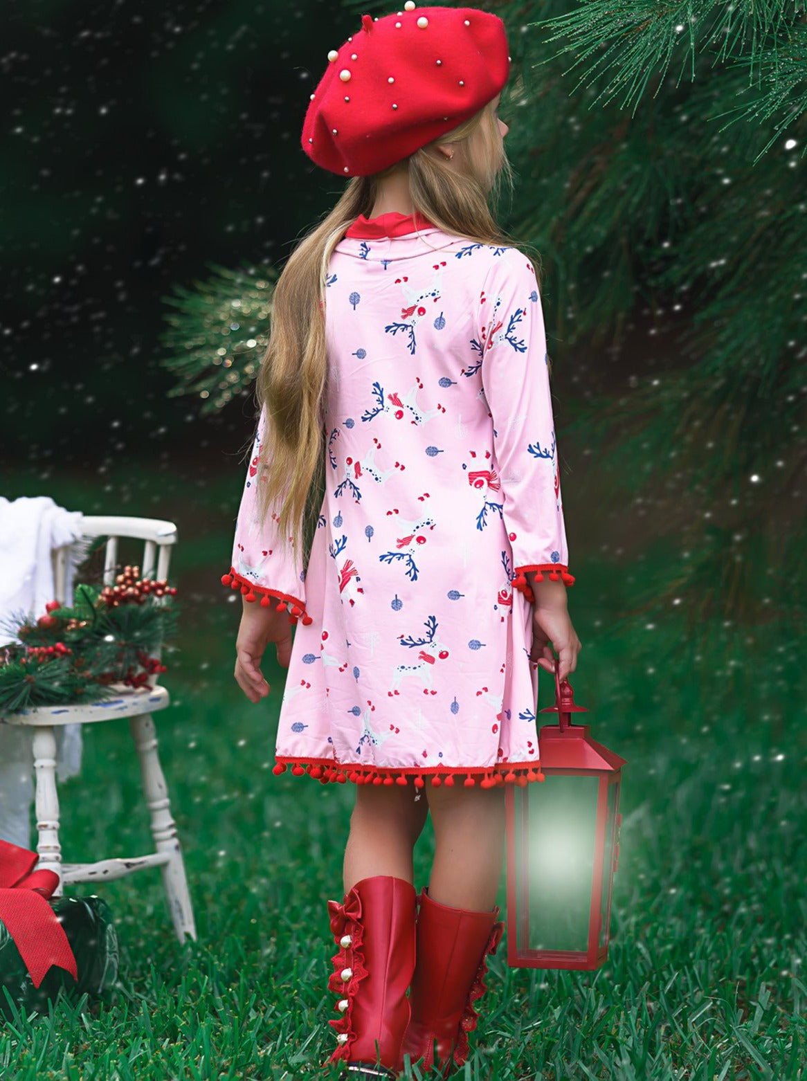 Cute Winter Dresses | Girls Rudolph Print Turtleneck Pom Pom Hem Dress