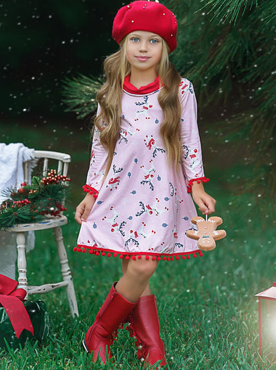 Cute Winter Dresses | Girls Rudolph Print Turtleneck Pom Pom Hem Dress ...