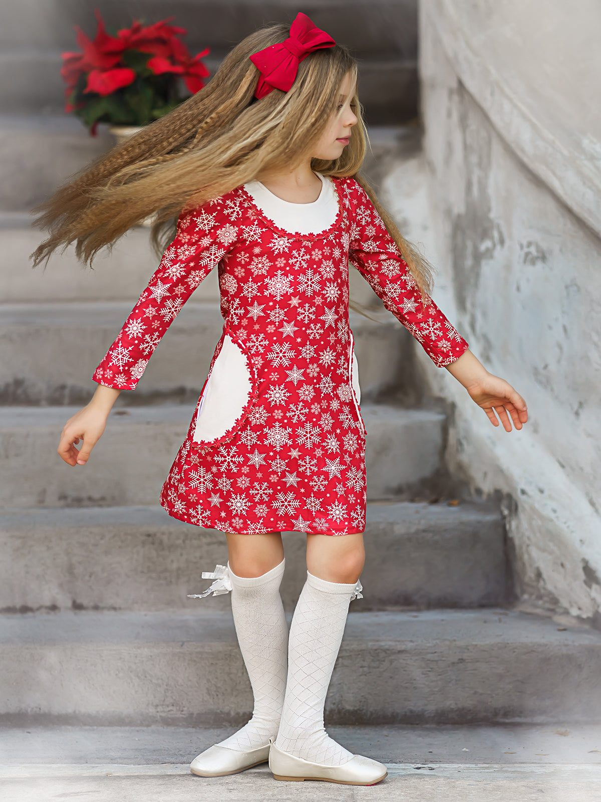 Girls Red Snowflake Print Long Sleeve Crochet Trim Pocket Dress