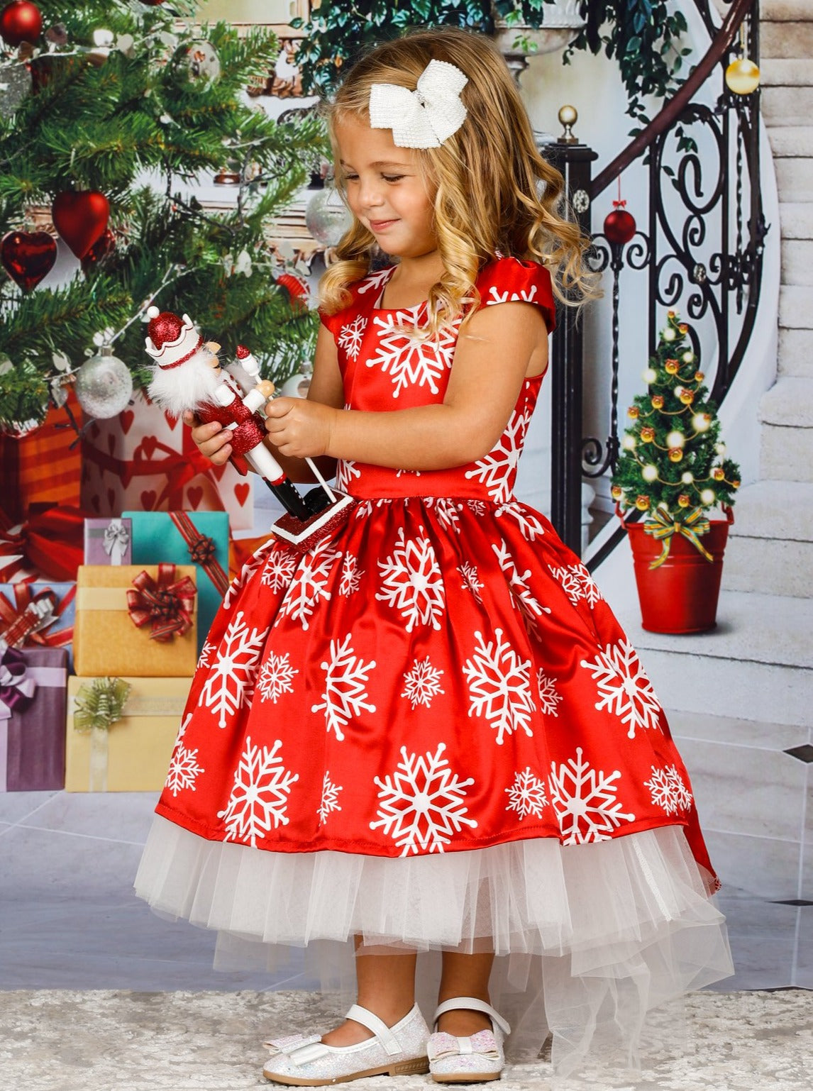 Girls Printed Cap Sleeve Hi-Lo Tulle Holiday Dress - Red / 2T/3T - Girls Fall Dressy Dress