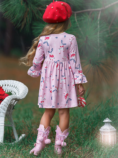 Girls Rudolph A-Line Flared Long Sleeve Holiday Dress