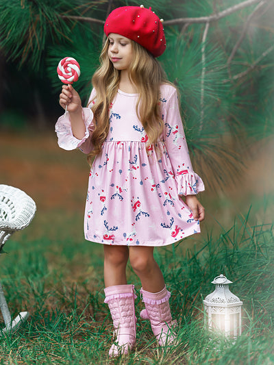 Girls Rudolph A-Line Flared Long Sleeve Holiday Dress