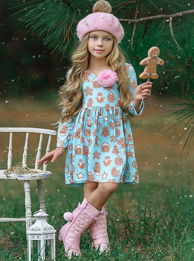 Girls Gingerbread A-Line Long Sleeve Holiday Dress - Mia Belle Girls