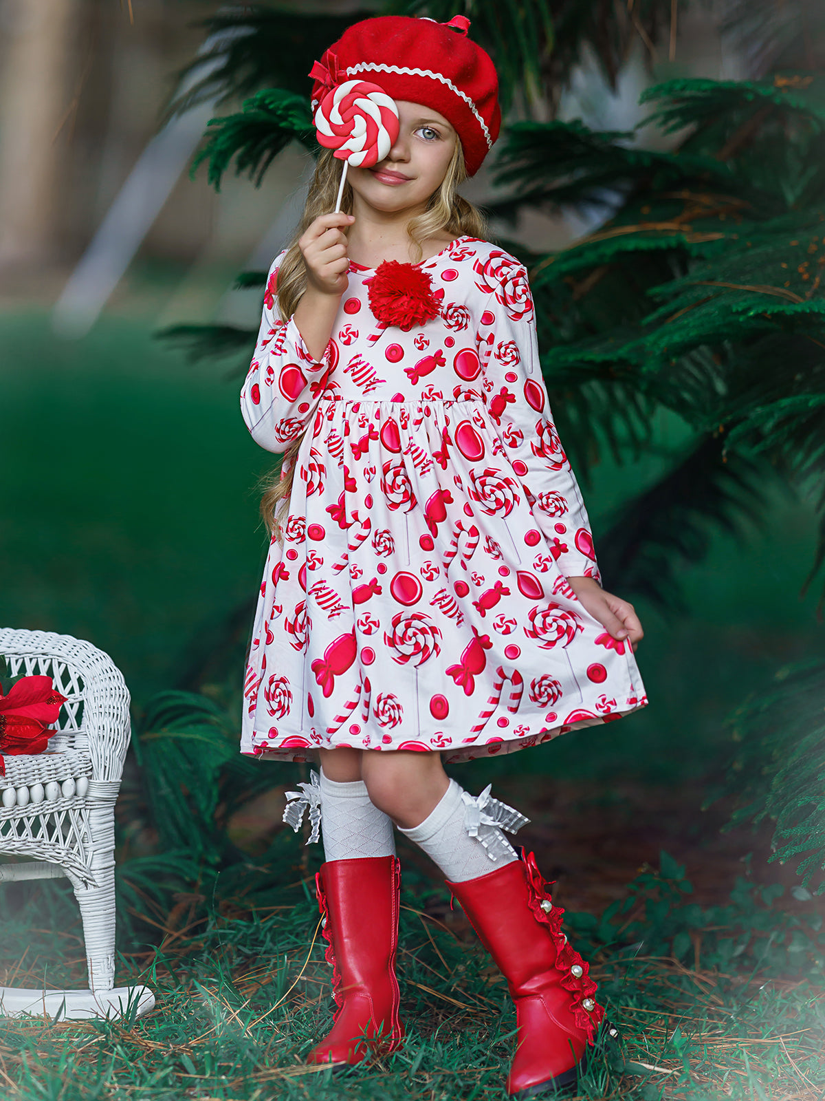 Girls Candy Cane A-Line Long Sleeve Holiday Dress