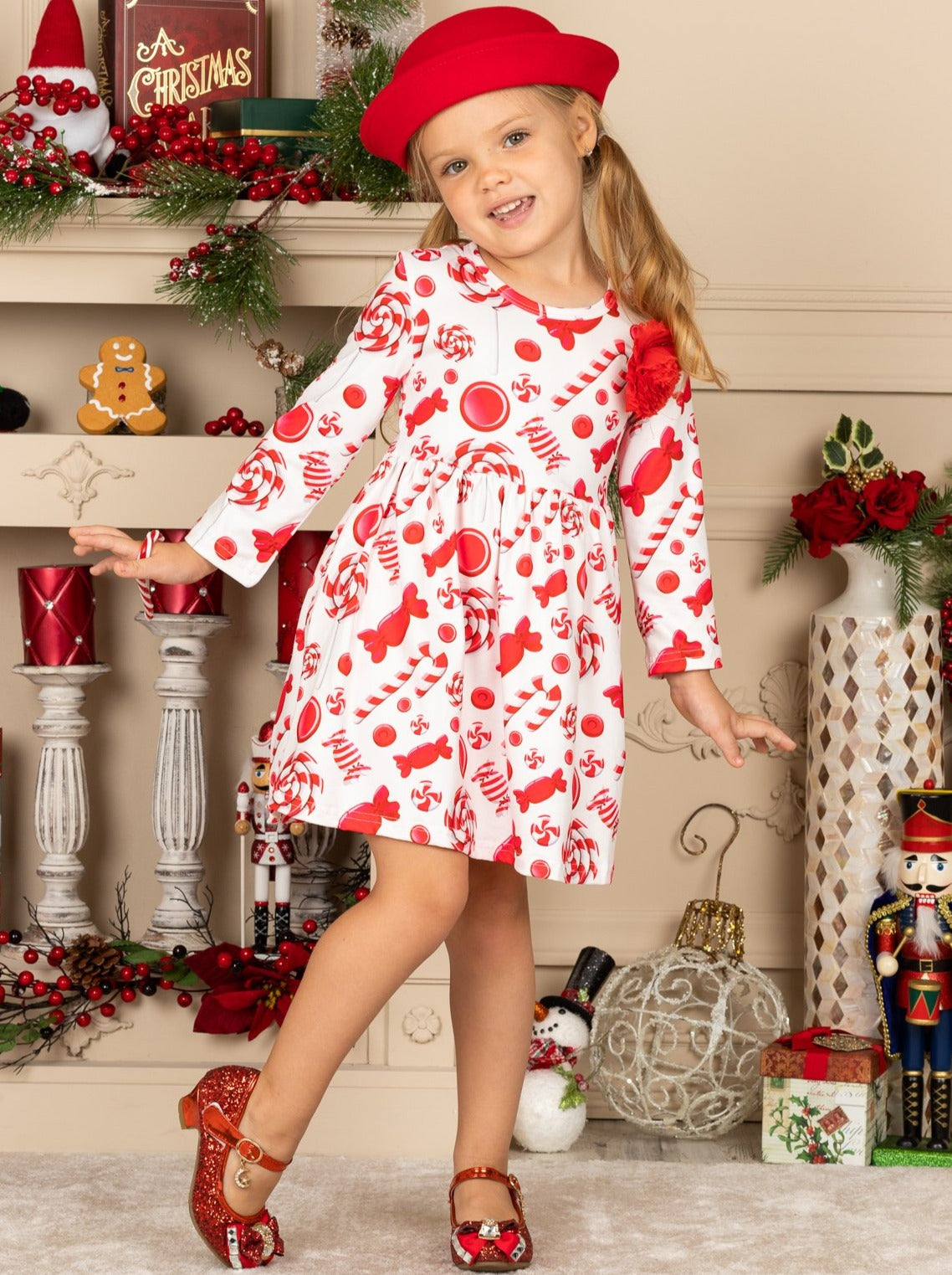 Girls Candy Cane A-Line Long Sleeve Holiday Dress