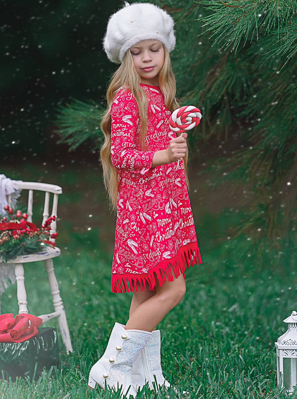 Cute Winter Dresses | Girls Season Greetings Fringe Hem Dress