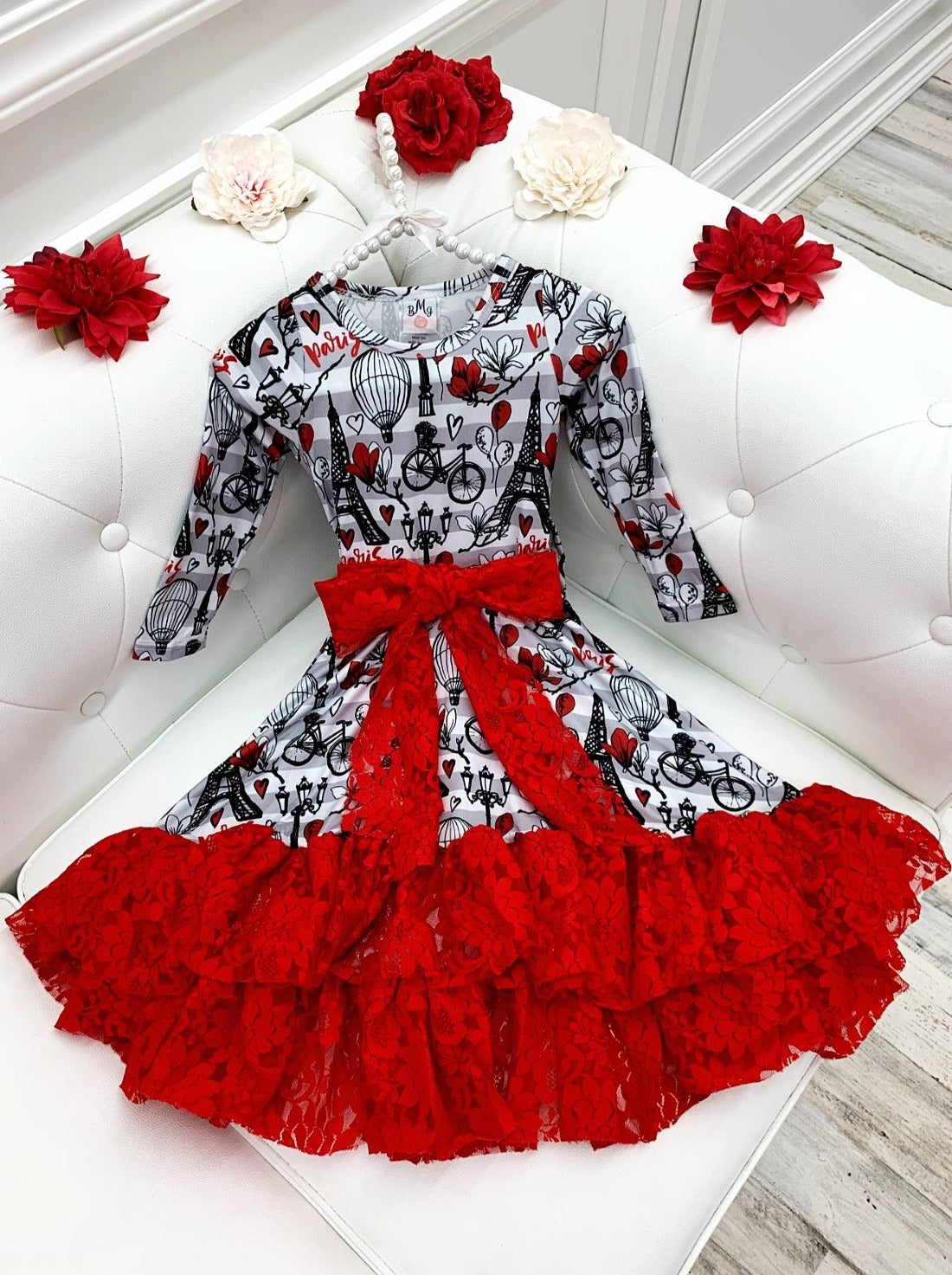 Special Occasion Dresses | Girls Parisian Print Ruffle Lace Hem Dress