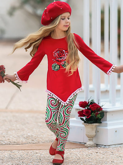 Cute Winter Sets | Girls Rose Pom Pom Tunic & Swirl Stripe Legging Set