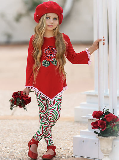 Cute Winter Sets | Girls Rose Pom Pom Tunic & Swirl Stripe Legging Set