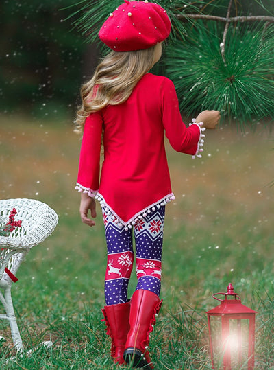Girls Asymmetric Long Sleeve Ombre Pom Pom Tunic & Leggings Set - Red