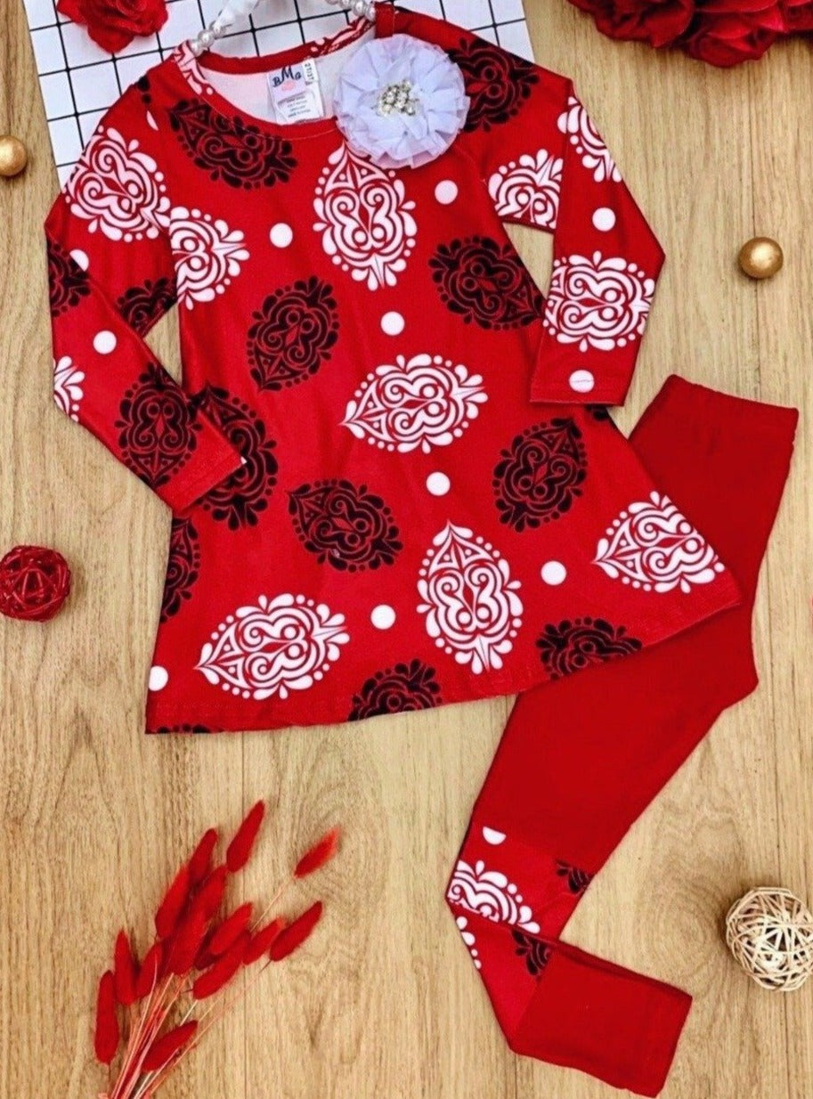 Girls Printed Long Sleeve Back Lace Insert Tunic & Matching Patch Leggings - Red and White Pattern