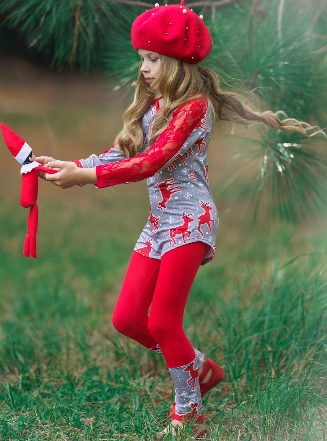 Girls Lace Contrast Long Sleeve Tunic & Matching Cuffed Leggings Set - Red Reindeer Pattern