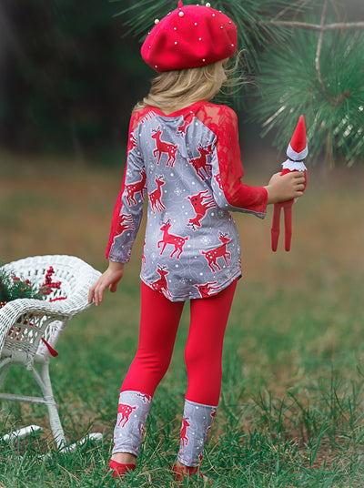 Girls Lace Contrast Long Sleeve Tunic & Matching Cuffed Leggings Set - Red Reindeer Pattern