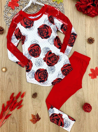 Kids Valentine's Clothes | Rose Print Lace Top & Matching Legging Set