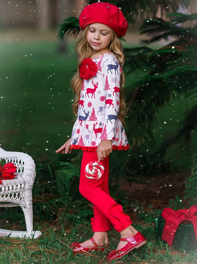 Girls Printed Long Sleeve Ruffled Pom Pom Hem Tunic & Red Leggings Set