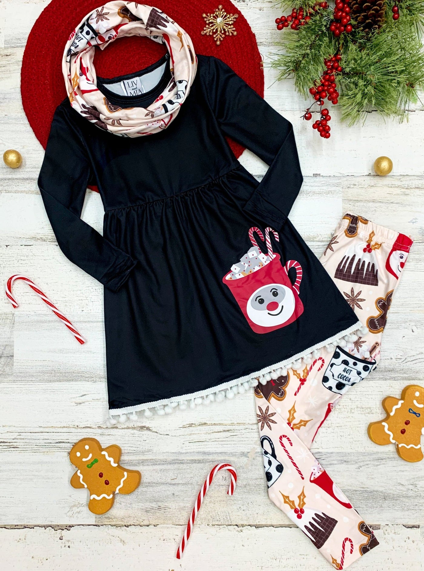 Girls Long Sleeve A-Line Tunic Printed Leggings & Scarf Set - Black - Girls Christmas Set