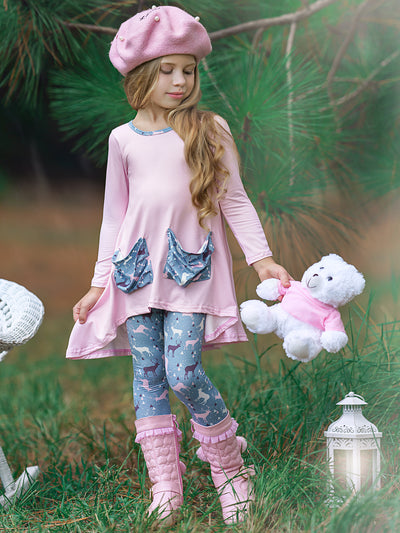 Girls Winter Themed Hi-lo Long Sleeve Tunic with Printed Slouchy Pockets And Matching Legging Set