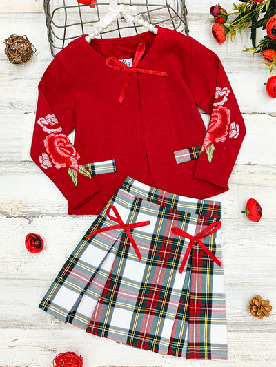 Cute Winter Sets | Girls Floral Embroidered Cardigan & Plaid Skirt Set