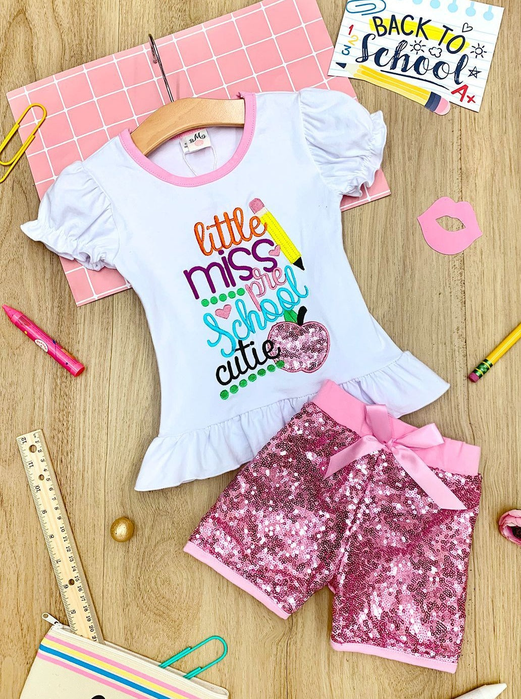 Girls 1st Day of School "Little Miss Preschool Cutie"  Ruffled Top And Sequin Short Set