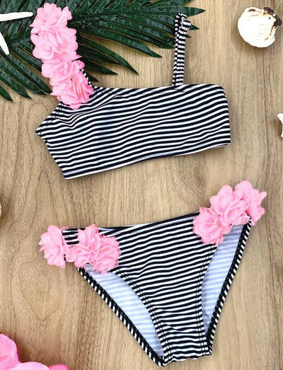 Kids Cute Swimsuits | Little Girls Floral Striped Two Piece Swimsuit