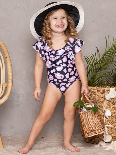 One Piece Girls Swimsuit | Leopard Print Double Ruffle Bib Swimsuit