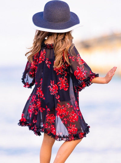 girls swimsuit cover up black red flowers 2T/3T to 10Y/12Y