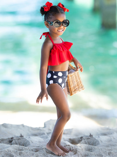Kids Swimsuits | Girls Ruffled Top & Polka Dot Two Piece Swimsuit